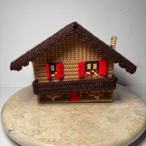 Handmade‎ Needlepoint Alpine Hut Music Box Organizer Red Flowers Village House